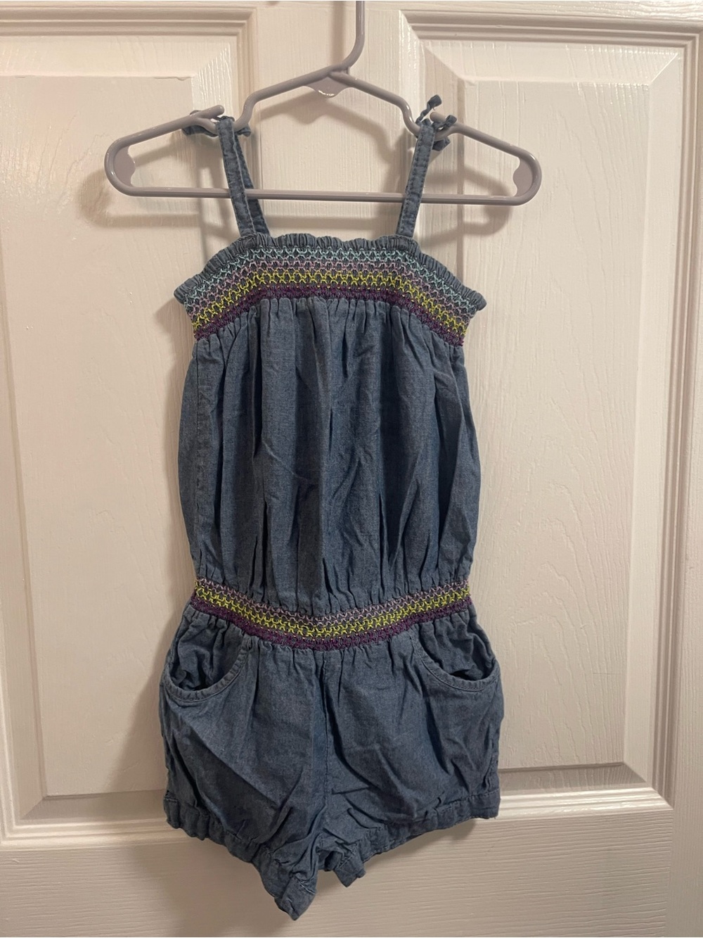 Place Light Blue Chambray Girls Romper with Multicolor Smocking